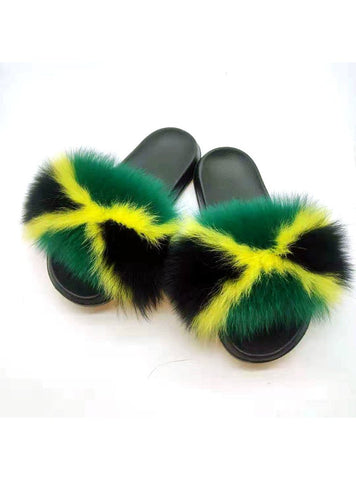 WOMEN GREEN YELLOW FOX FUR SLIPPERS REAL FUR SLIDES