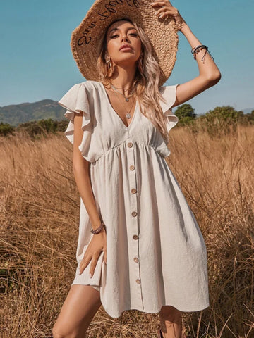 V-NECK ONE-BREASTED BIG SWING DRESS