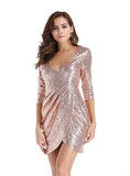 MINI V-NECK LONG SLEEVE SEQUINED DRESS