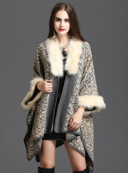 FOX LIKE FUR COLLAR PRINTED KNITTED CARDIGAN SHAWL CAPE – Ncocon