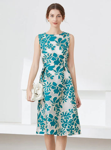 A-LINE JACQUARD BLUE PARTY DRESS