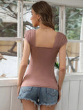 SQUARE NECK PLEATED SLIM SHORT SLEEVE T-SHIRT TOP