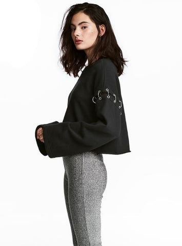 BLACK SWEATSHIRTS WOMEN HOLLOW OUT METAL RING