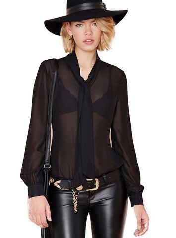 WOMEN BLOUSE LONG SLEEVE BOW NECK FRONT TIE