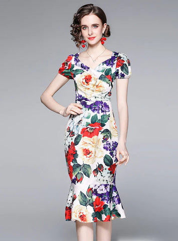 SUMMER SHORT SLEEVE HIP SLIM PRINT DRESS