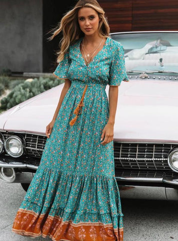 V-Neck Short Sleeve Ruffled Long Maxi Dress 
