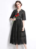 V-NECK SHORT SLEEVE LACE DRESS