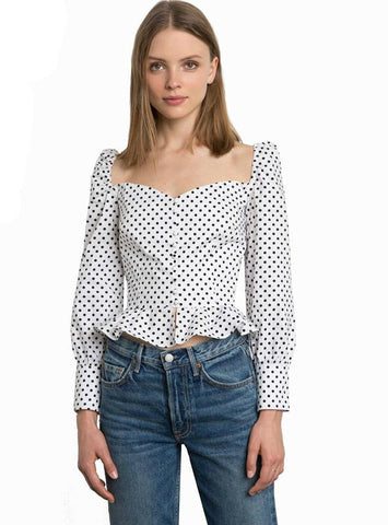 WOMEN POLKA DOT WHITE COTTON SHIRTS SLASH NECK SLIM