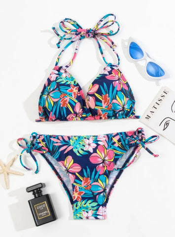 SEXY PRINT STRAP PLEATED STRAP SWIMSUIT BIKINI