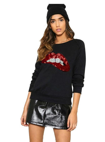 SEQUIN RED LIPS PRINT SWEATSHIRT CASUAL PREPPY O-NECK