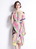 PRINTED SLIM WAIST SHORT SLEEVE DRESS