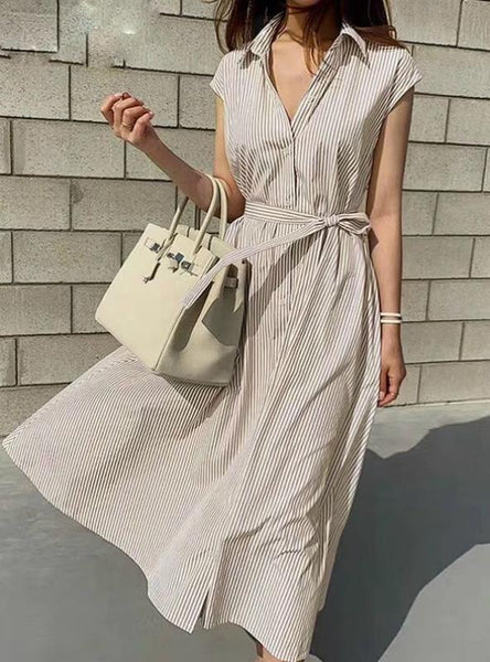 CASUAL SLEEVELESS STRIPED OVERSIZE LACE UP LONG DRESS
