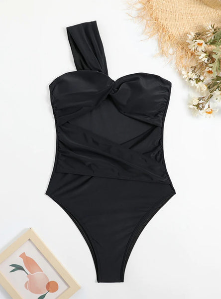 SOLID COLOR ONE SHOULDER ONE PIECE SWIMSUIT