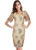 DEEP V-NECK BUBBLE SHORT SLEEVE SEQUINED DRESS
