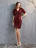 V-NECK SHORT SLEEVE SEQUINS PARTY DRESS
