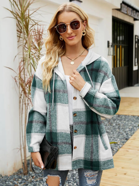 HOODED CASUAL LOOSE SHIRT PLAID COAT