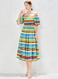 SQUARE COLLAR WAIST SLIM RAINBOW HOLIDAY DRESS