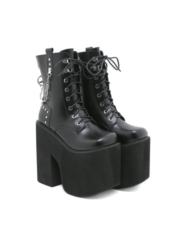 FRONT LACE-UP SQUARE TOE HIGH HEEL FEMALE BOOTIES