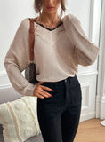 STITCHING LACE SOLID COLOR V-NECK KNITTED SWEATER