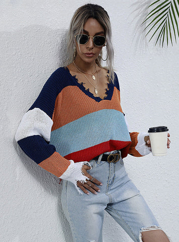 COLOR MATCHING V-NECK PULLOVER SWEATER