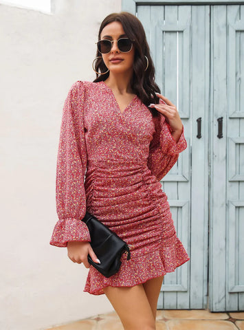 PLEATED V-NECK FLOUNCE PRINTED CHIFFON DRESS