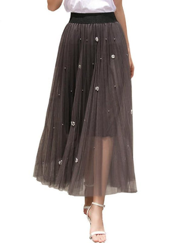 Flash Bright Silk Beaded Gauze Pleated Skirt