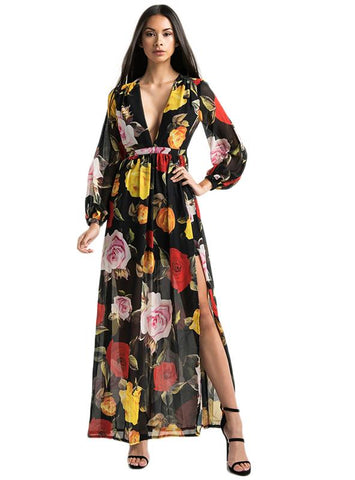 FLORAL PRINT VINTAGE CHIFFON MAXI DRESS DEEP V-NECK SPLIT