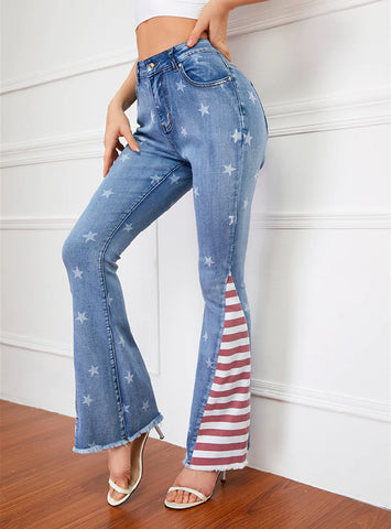COLOR MATCHING STRIPED PRINTED STAR PATTERN BELL JEANS