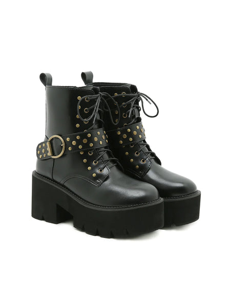 RETRO BELT BUCKLE RIVET THICK BOTTOM SIDE ZIPPER BOOTIES