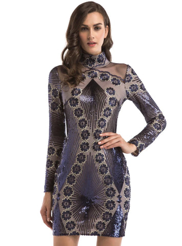 LONG SLEEVE HIGH NECK SEQUINED MINI SHORT DRESS