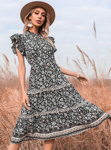 BLACK FLORAL NATIONAL WIND DRESS