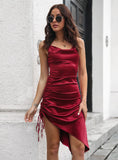 SATIN DRAWSTRING IRREGULAR SLING DRESS