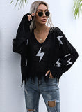 BLACK LOOSE V-NECK KNITTED LONG SLEEVE SWEATER