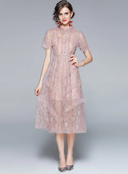 HEAVY EMBROIDERY LACE LAPEL FAUZE DRESS