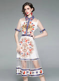STITCHING MESH LAPEL SHORT SLEEVE PRINTED FAKE TWO-PIECE DRESS