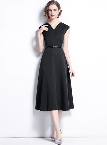 BLACK V-NECK MID-LENGTH DRESS