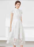 LACE EMBROIDERED SHORT SLEEVE HIGH NECK DRESS