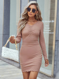V-NECK PLEATED KNITTED LONG SLEEVE DRESS