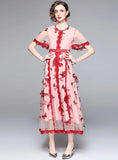ROUND NECK LONG SLEEVE EMBROIDERED BUTTERFLY GAUZE DRESS
