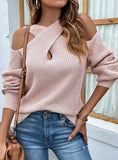 SOLID COLOR CROSS-NECK LANTERN SLEEVE SWEATER