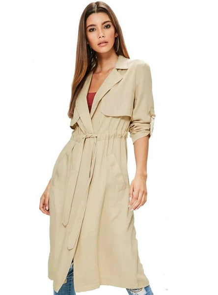 TURN-DOWN COLLAR LONG TRENCH COAT SOLID BEIGE