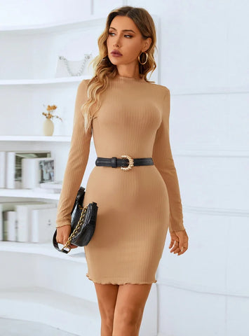 LONG SLEEVE KNITTED SLIM CREW NECK DRESS