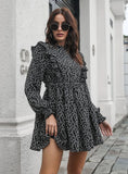 RUFFLED WOOD EAR COLLAR LONG SLEEVE PRINTED DRESS