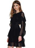SOLID BLACK MINI DRESS RUFFLES LACE-UP CHIFFON