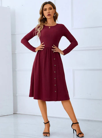 RED ROUND NECK LONG SLEEVE PLEATED BUTTON DRESS
