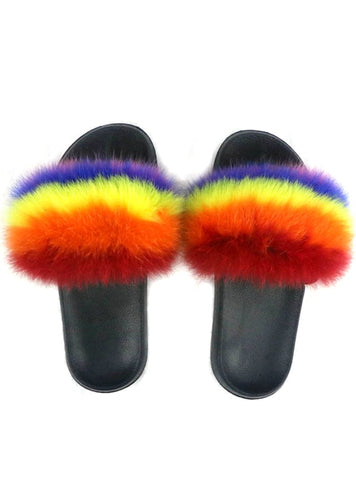 WOMEN REAL FOX FUR SLIDES MIXED FUZZY FLAT FUR