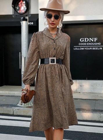 LONG SLEEVE LEOPARD PRINT BUTTON LAPEL DRESS