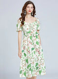 BUBBLE SLEEVE WAIST SLIM GREEN PRINT DRESS