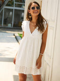 OUT V NECK BUTTERFLY SLEEVE HOLLOW LACE DRESS