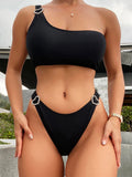 BLACK ONE-SHOULDER SPLIT BIKINI
